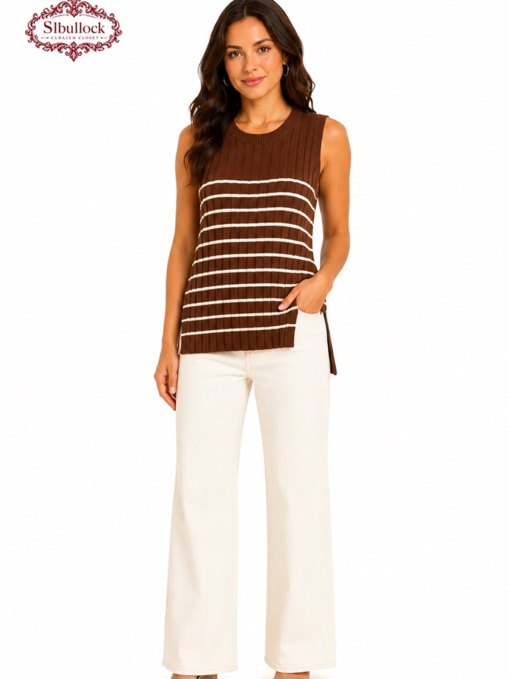 T23 KLESIS Ribbed Sweater Tank Tunic Lrg Brown Stripe Stretch Knit Side Slit Top